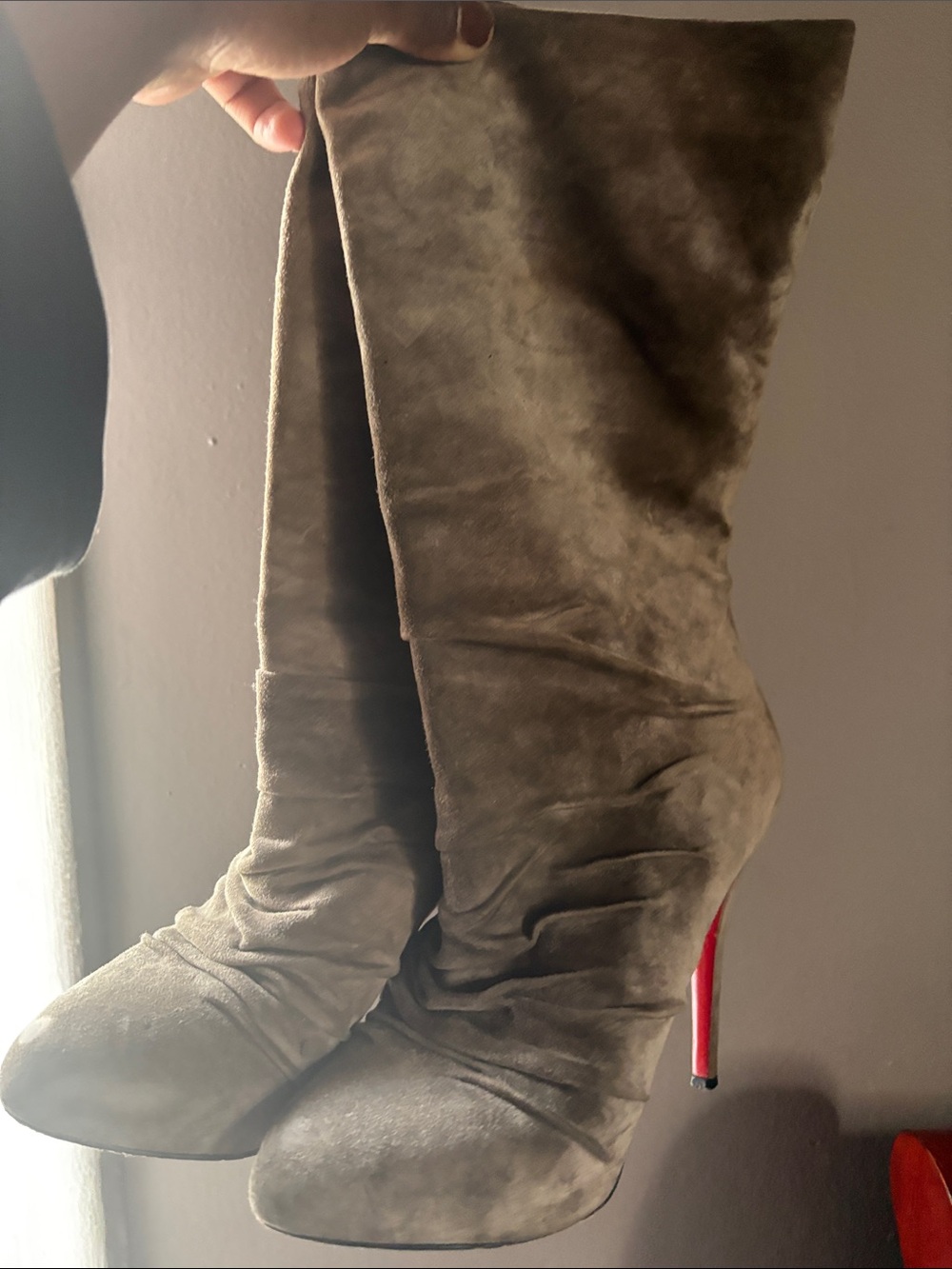 Christian Louboutin Olive Suede Over-the-Knee Boots with Red Heel